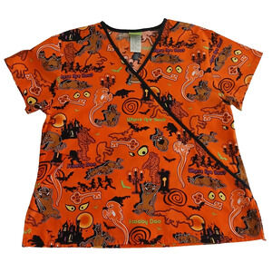 Scooby-Doo Scrub Top Women M Orange Halloween Holiday Medical Uniform Nursing